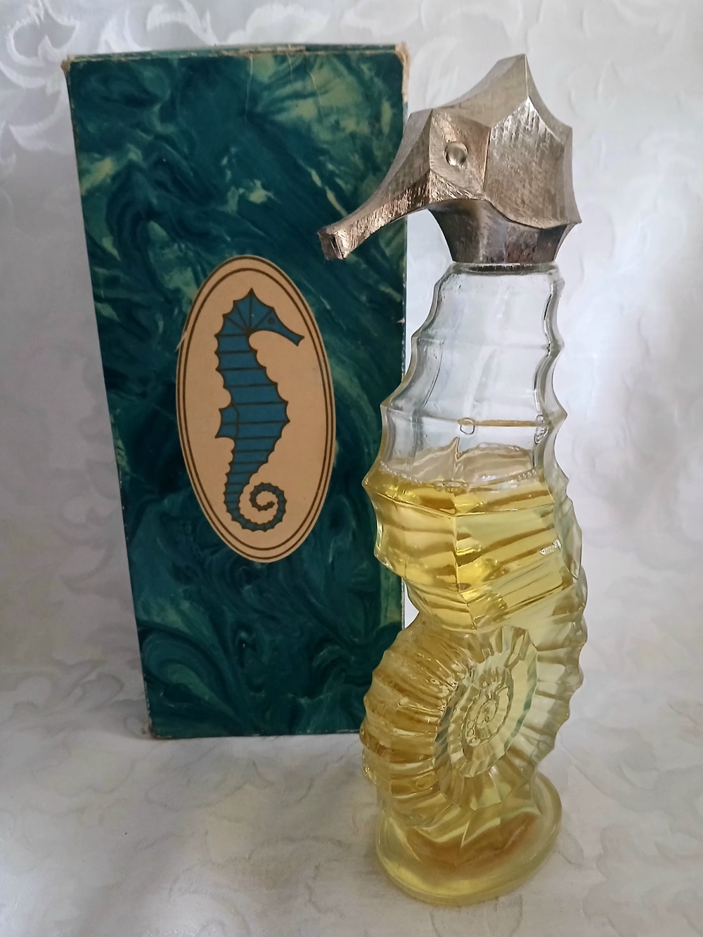 Avon Seahorse Glass Bottle Bath Oil Decanter - Vintage